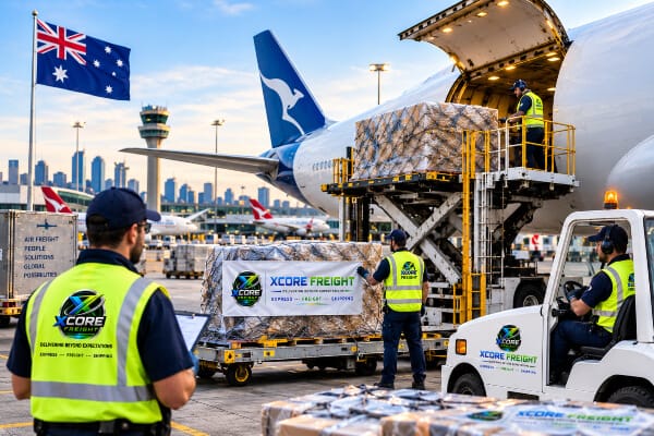 XCORE Freight air freight operations at an Australian airport with cargo loading and ground handling staff