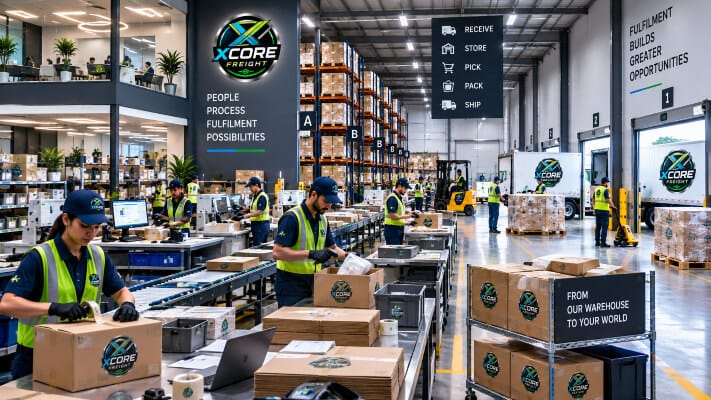 XCORE Freight Fulfillment Center XCORE Freight fulfillment center with warehouse staff packing and processing shipments