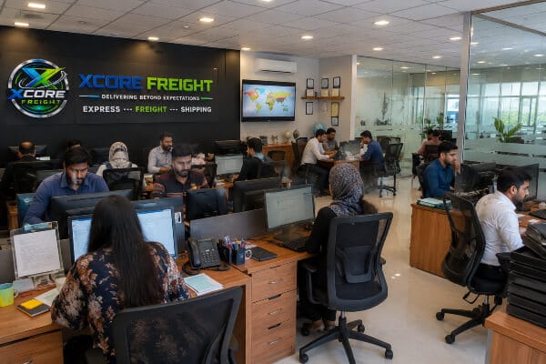 XCORE FREIGHT logistics team working in a modern international freight forwarding office
