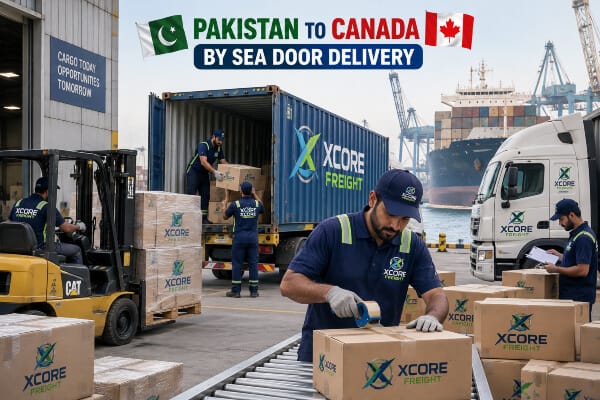 XCORE FREIGHT Pakistan to Canada sea freight door delivery with port workers containers and cargo truck