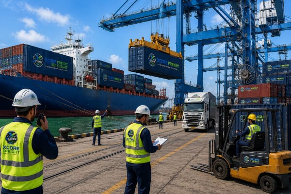 XCORE FREIGHT sea freight operations with workers, containers, cranes and cargo ship at a busy port