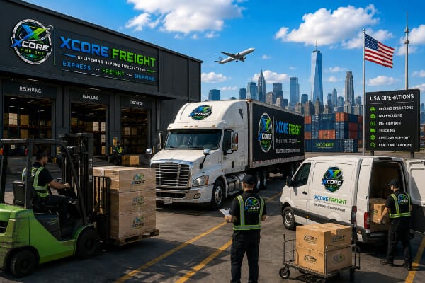 XCORE Freight USA ground operations with trucks, warehouse and logistics workers