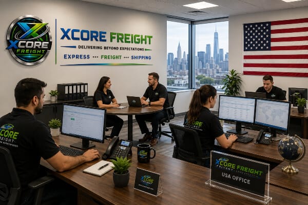 XCORE Freight USA office with logistics staff working and American flag