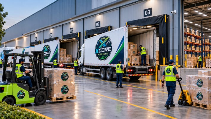 XCORE Freight Warehousing XCORE Freight warehouse operations with staff, forklift, palletized boxes, and loading