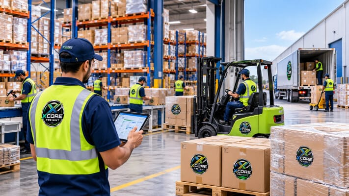 XCORE Freight Warehousing Solutions XCORE Freight warehouse operations with staff, forklift, palletized boxes, and truck loading